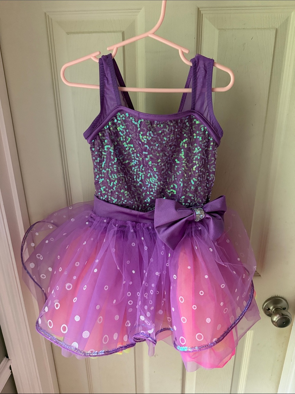 Purple Sequined Tulle Kids Costume Dress/Leotard with Bow